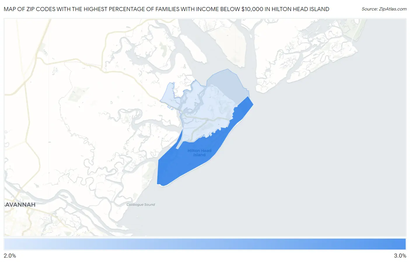 Zip Codes with the Highest Percentage of Families with Income Below $10,000 in Hilton Head Island Map