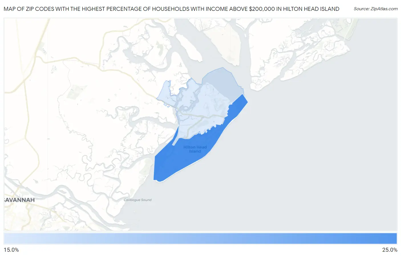 Zip Codes with the Highest Percentage of Households with Income Above $200,000 in Hilton Head Island Map