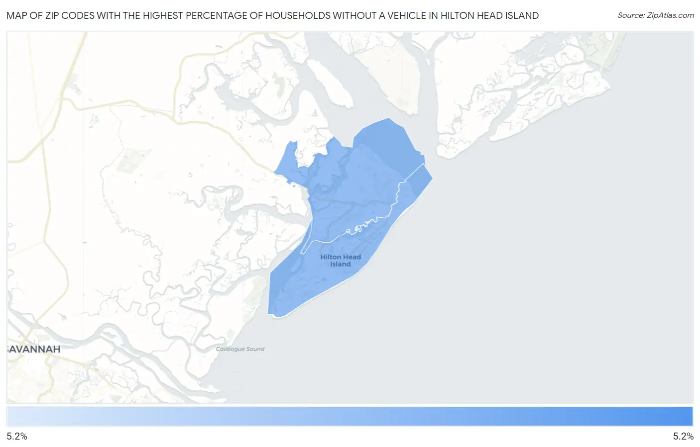 Zip Codes with the Highest Percentage of Households Without a Vehicle in Hilton Head Island Map