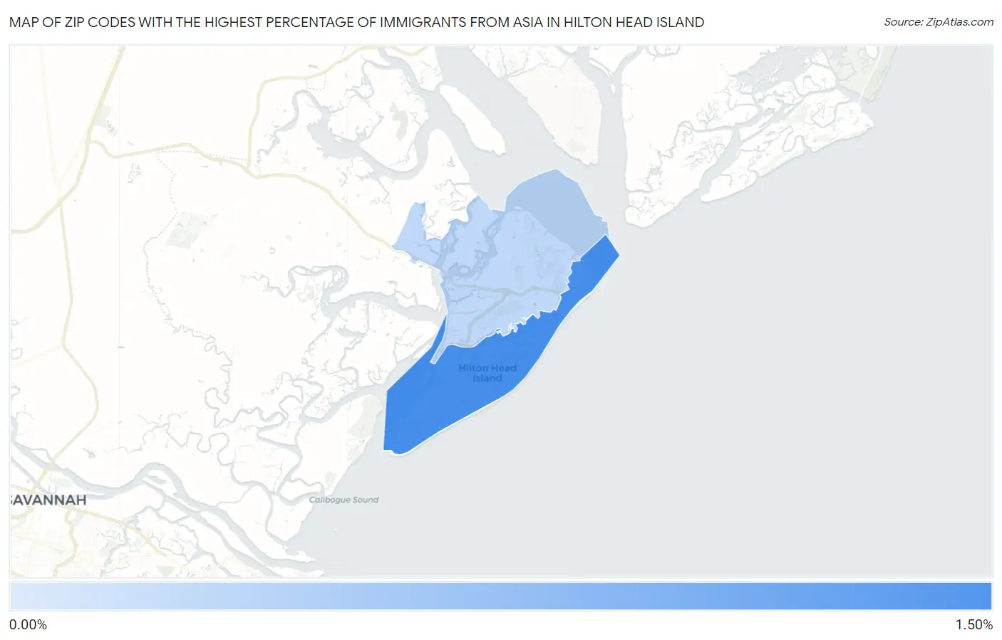 Zip Codes with the Highest Percentage of Immigrants from Asia in Hilton Head Island Map