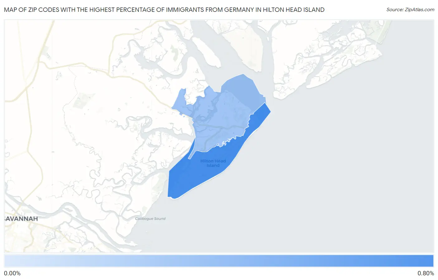 Zip Codes with the Highest Percentage of Immigrants from Germany in Hilton Head Island Map