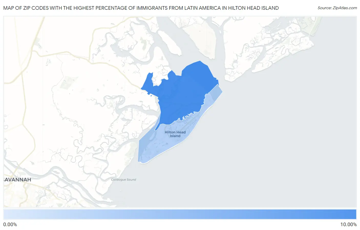 Zip Codes with the Highest Percentage of Immigrants from Latin America in Hilton Head Island Map