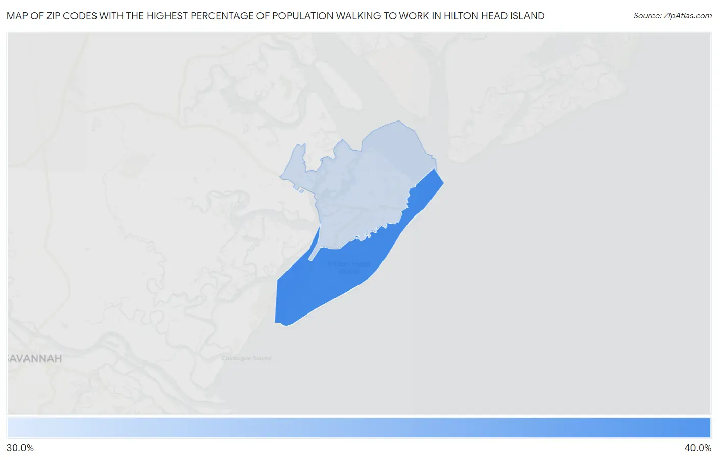 Zip Codes with the Highest Percentage of Population Walking to Work in Hilton Head Island Map