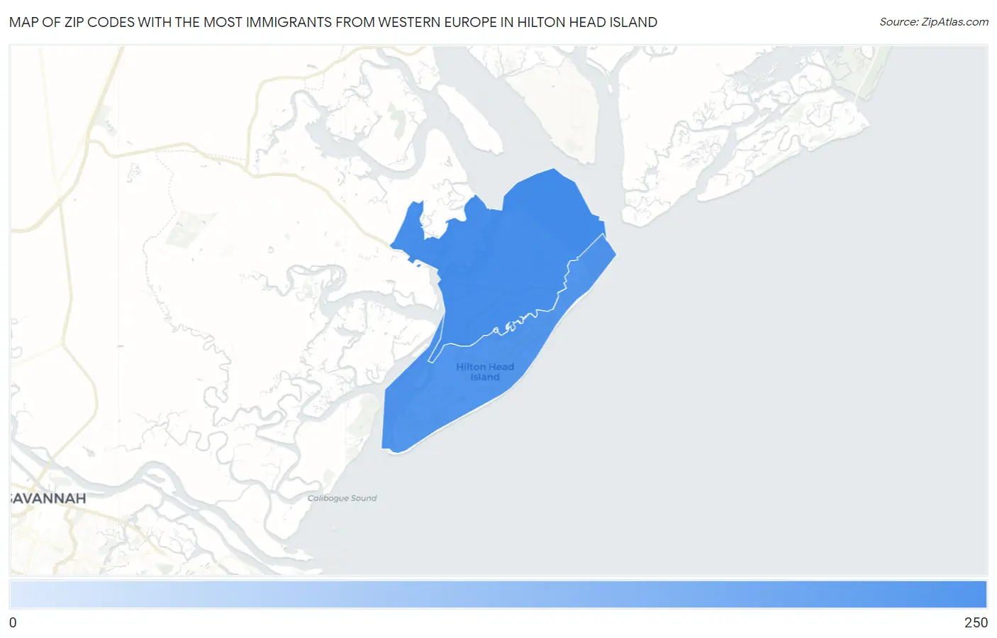 Zip Codes with the Most Immigrants from Western Europe in Hilton Head Island Map