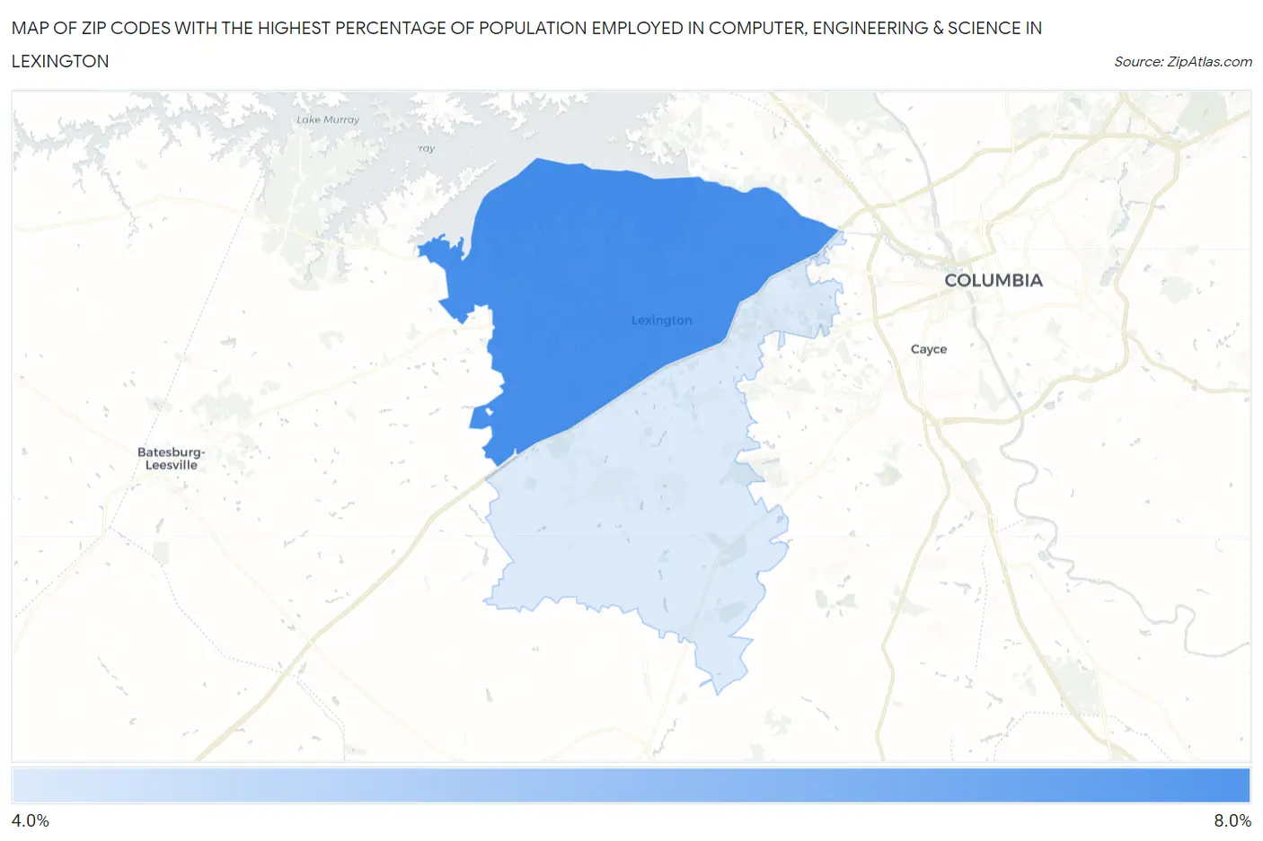 Zip Codes with the Highest Percentage of Population Employed in Computer, Engineering & Science in Lexington Map