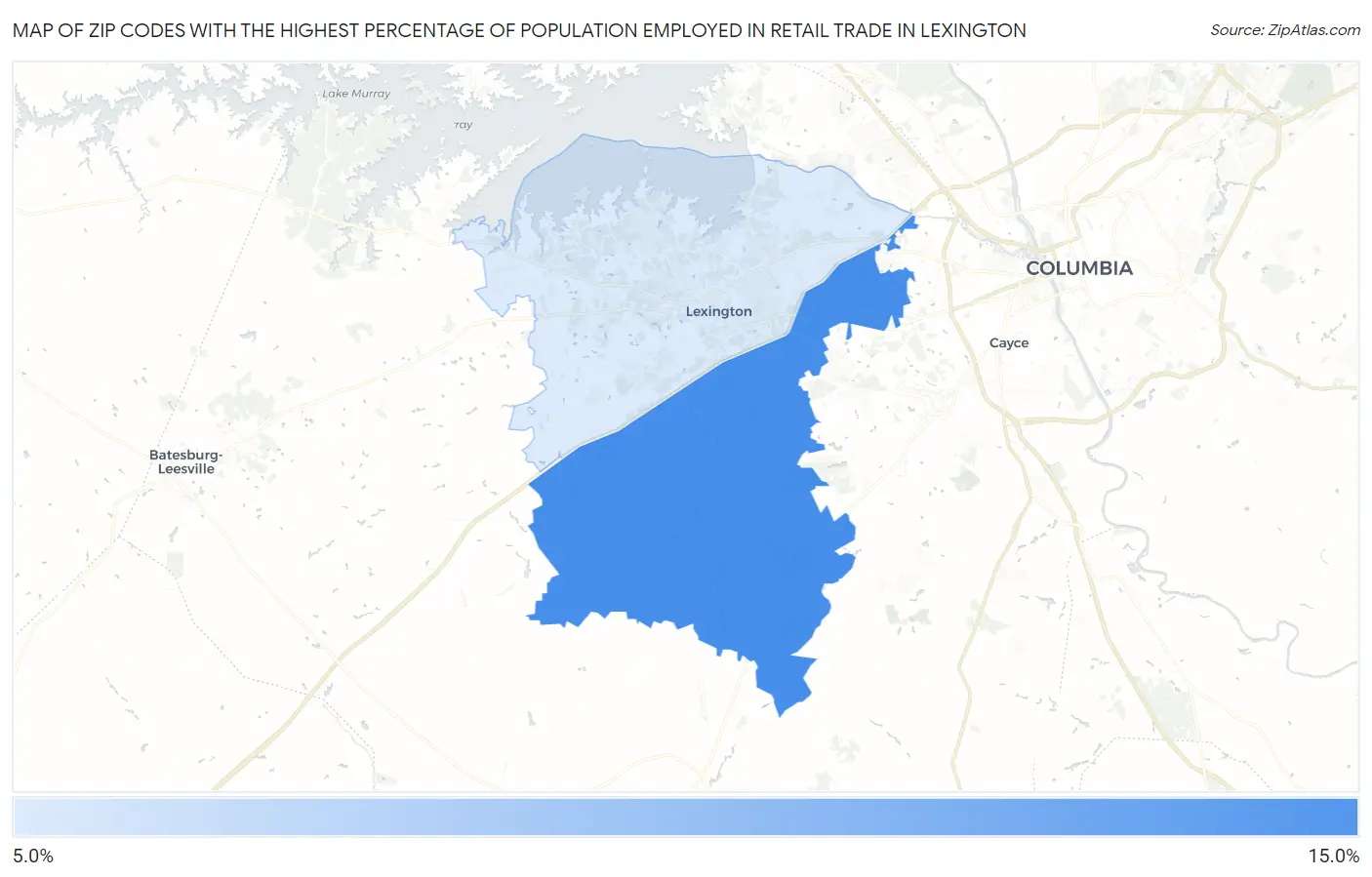 Zip Codes with the Highest Percentage of Population Employed in Retail Trade in Lexington Map