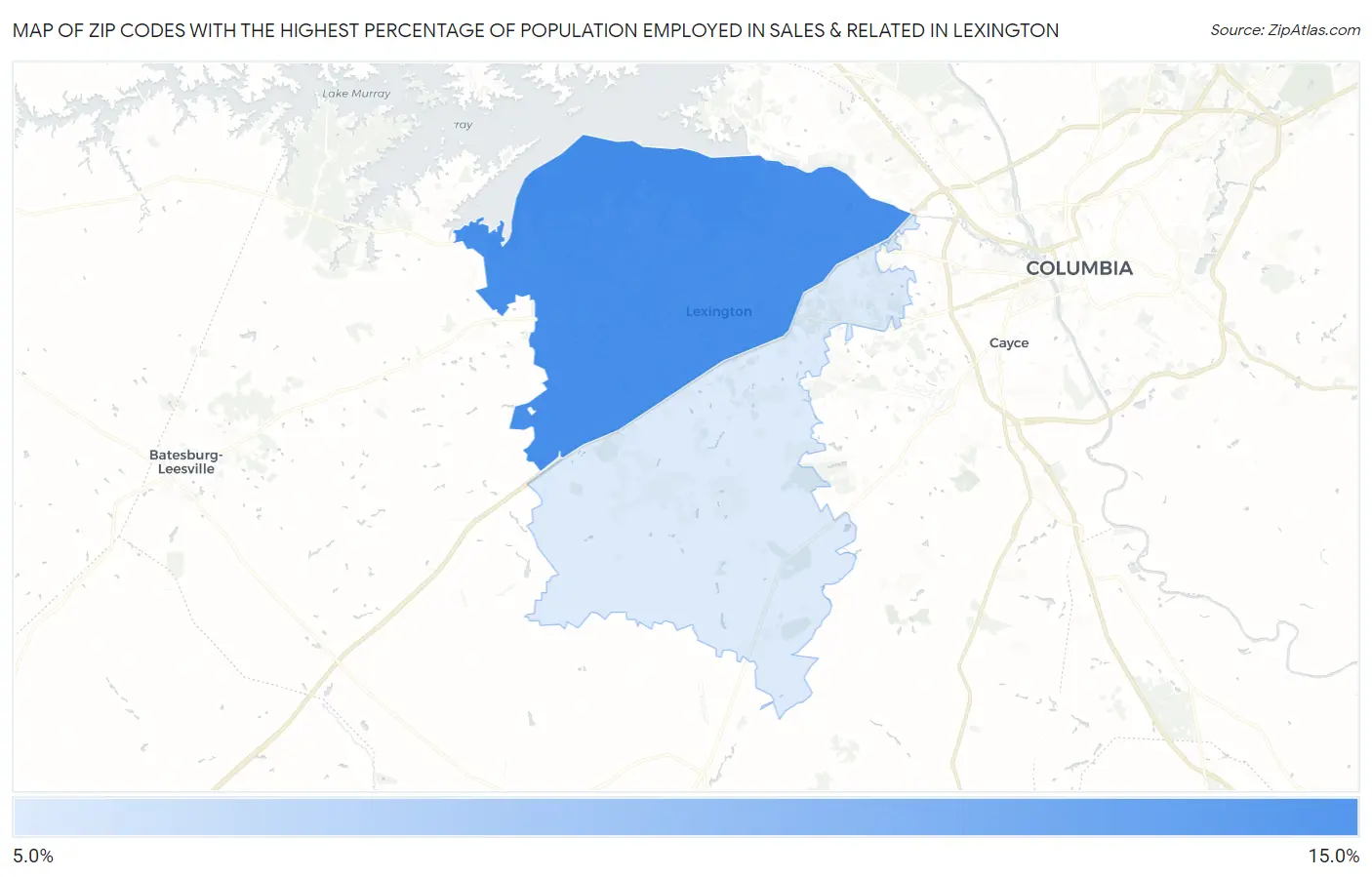 Zip Codes with the Highest Percentage of Population Employed in Sales & Related in Lexington Map