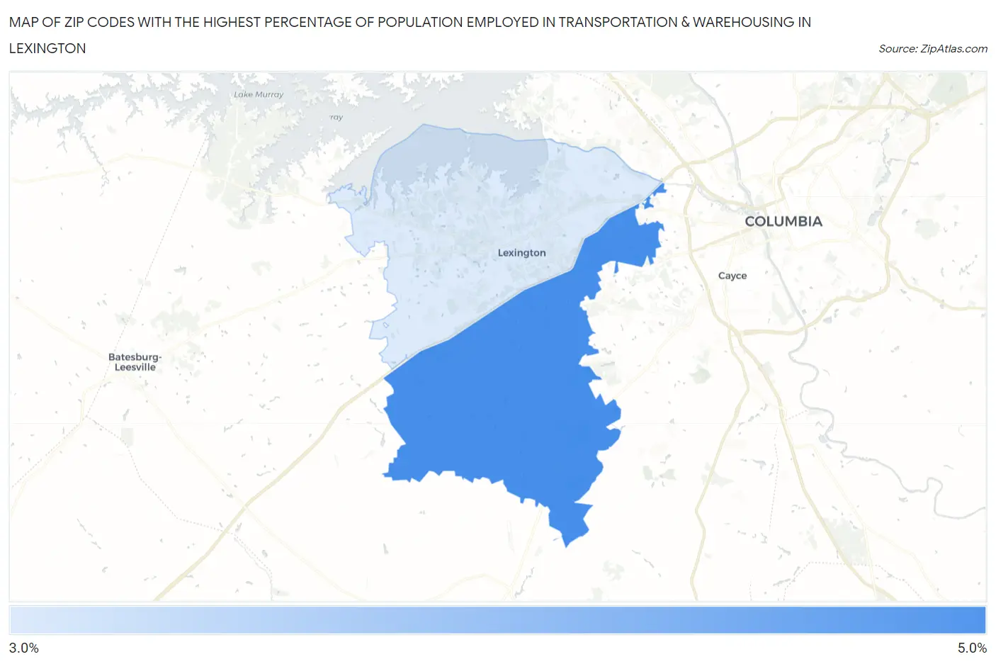 Zip Codes with the Highest Percentage of Population Employed in Transportation & Warehousing in Lexington Map
