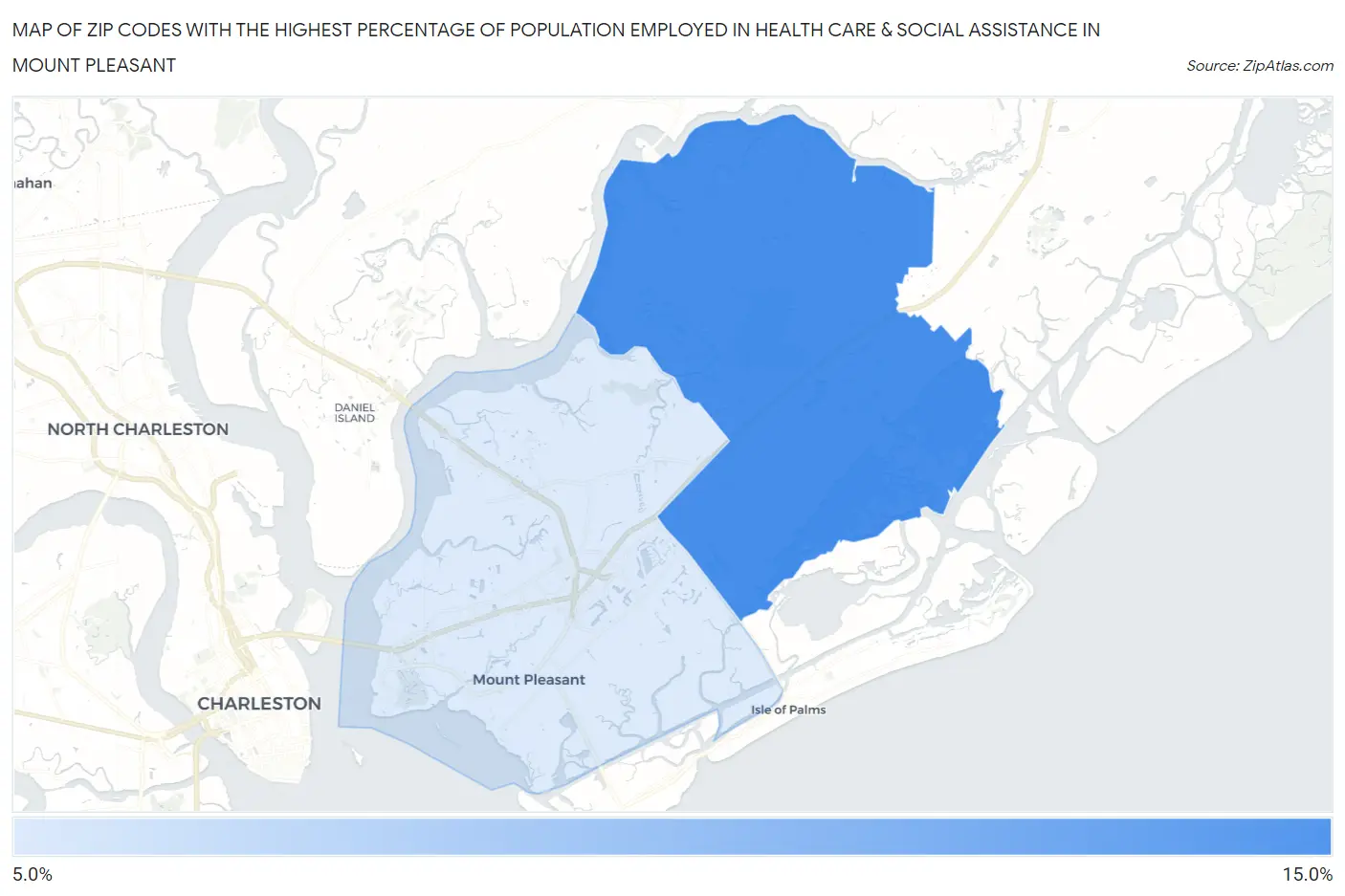 Zip Codes with the Highest Percentage of Population Employed in Health Care & Social Assistance in Mount Pleasant Map