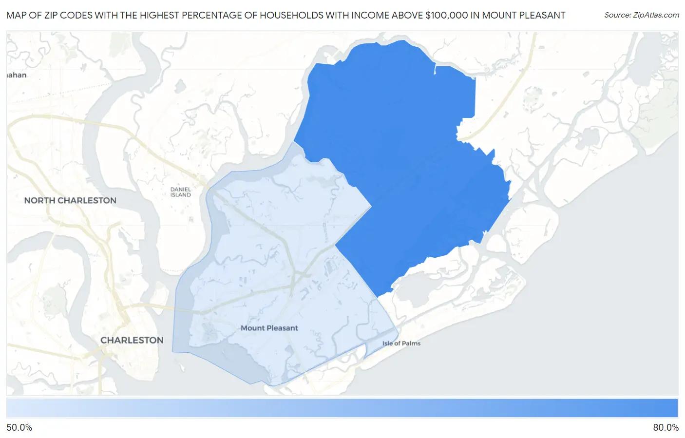 Zip Codes with the Highest Percentage of Households with Income Above $100,000 in Mount Pleasant Map