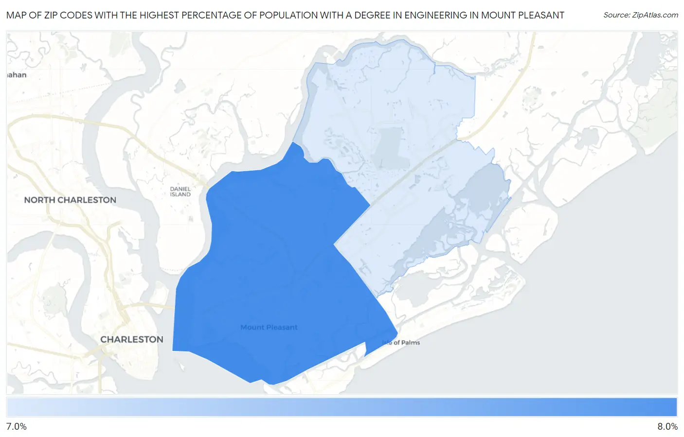 Zip Codes with the Highest Percentage of Population with a Degree in Engineering in Mount Pleasant Map