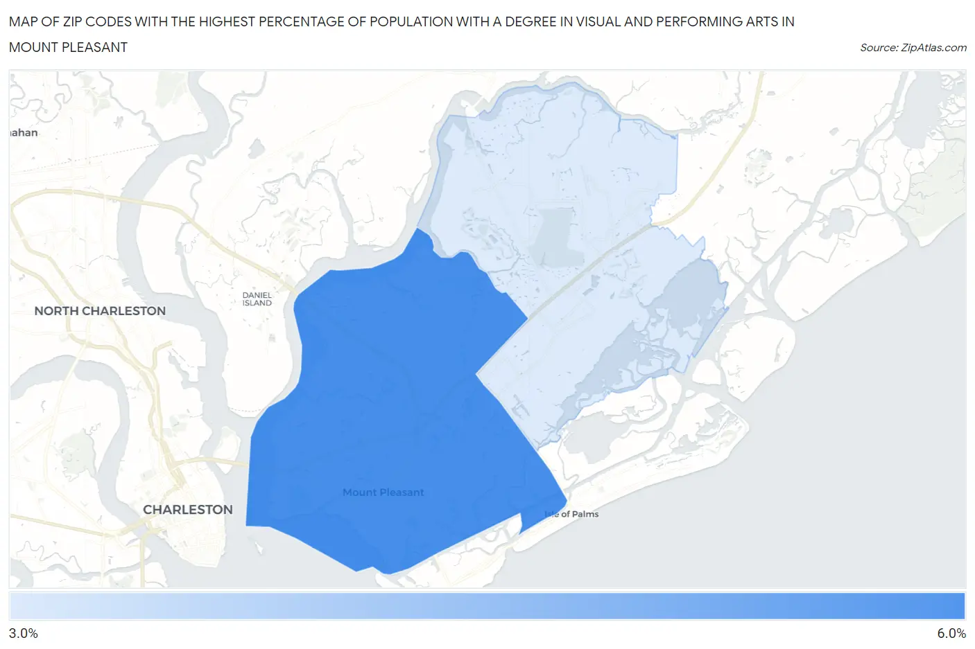 Zip Codes with the Highest Percentage of Population with a Degree in Visual and Performing Arts in Mount Pleasant Map