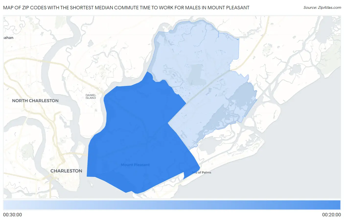 Zip Codes with the Shortest Median Commute Time to Work for Males in Mount Pleasant Map