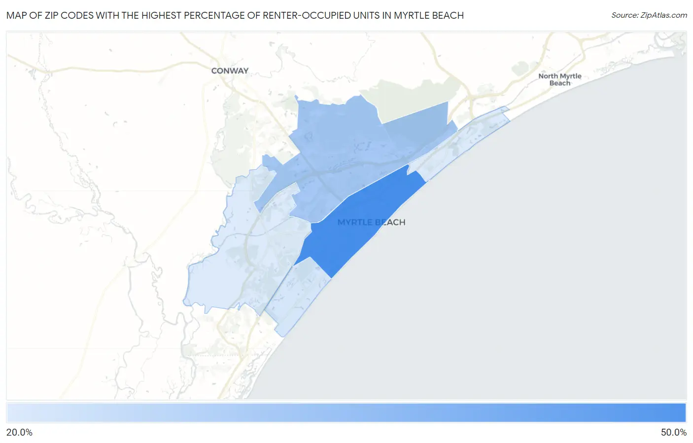 Zip Codes with the Highest Percentage of Renter-Occupied Units in Myrtle Beach Map