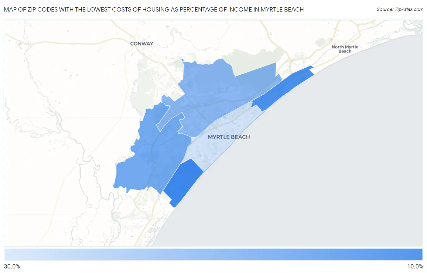 Zip Codes with the Lowest Costs of Housing as Percentage of Income in Myrtle Beach Map