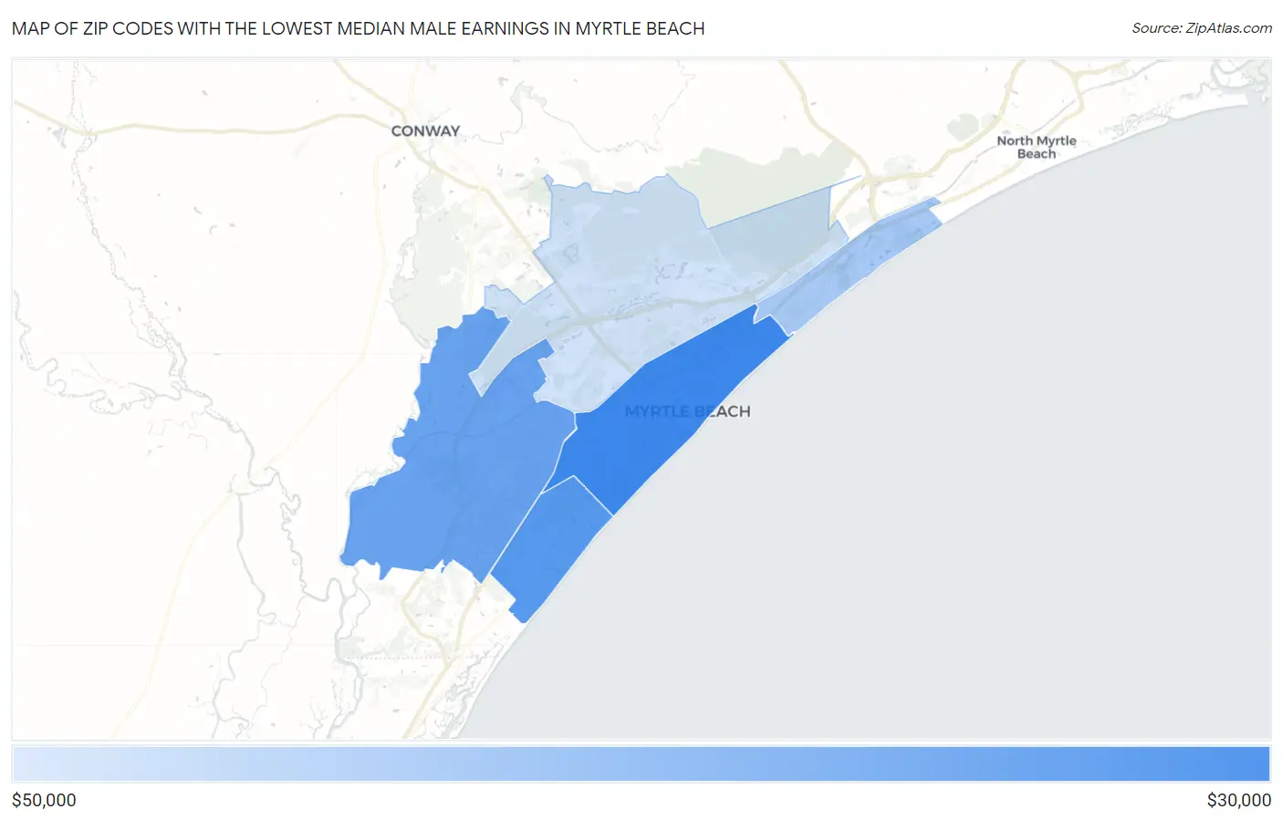 Zip Codes with the Lowest Median Male Earnings in Myrtle Beach Map