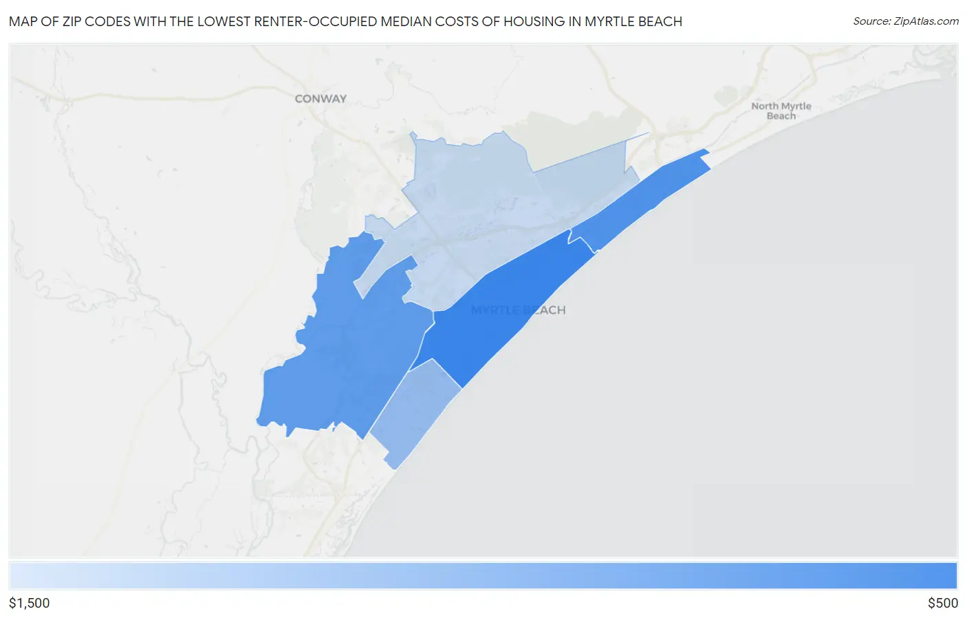 Zip Codes with the Lowest Renter-Occupied Median Costs of Housing in Myrtle Beach Map
