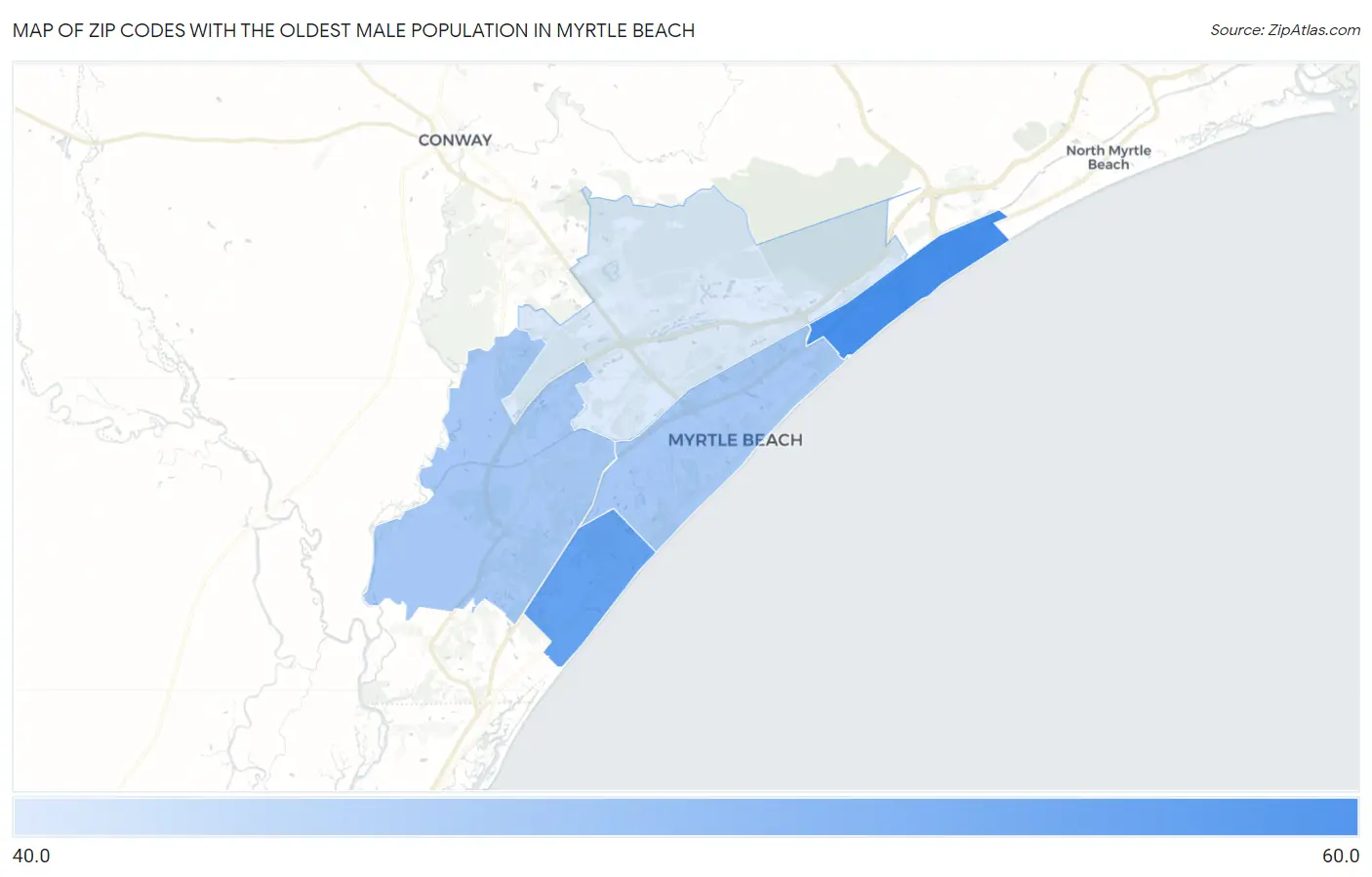 Zip Codes with the Oldest Male Population in Myrtle Beach Map