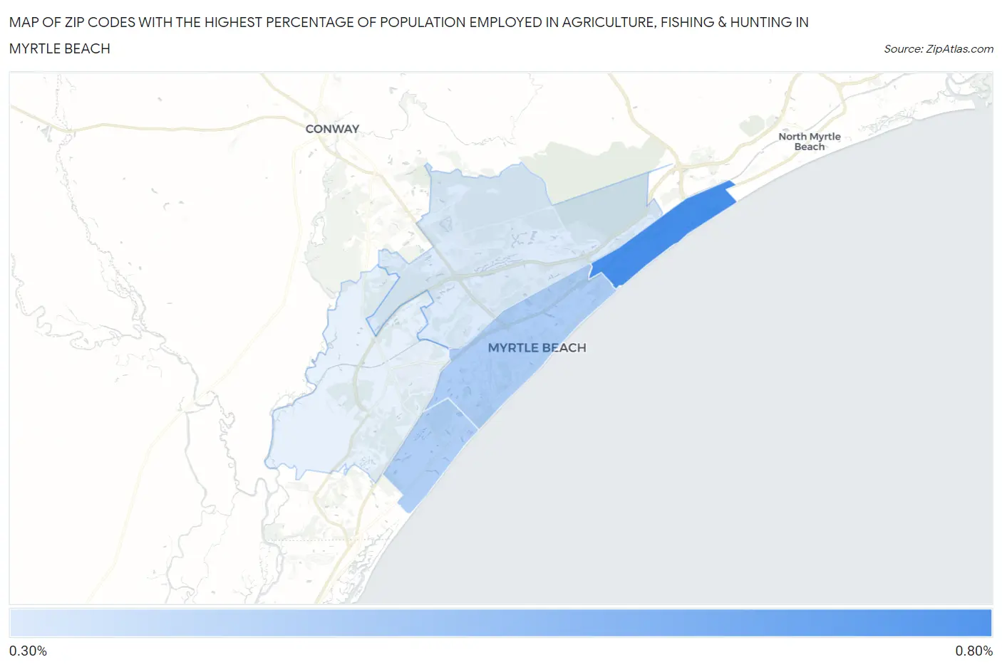 Zip Codes with the Highest Percentage of Population Employed in Agriculture, Fishing & Hunting in Myrtle Beach Map