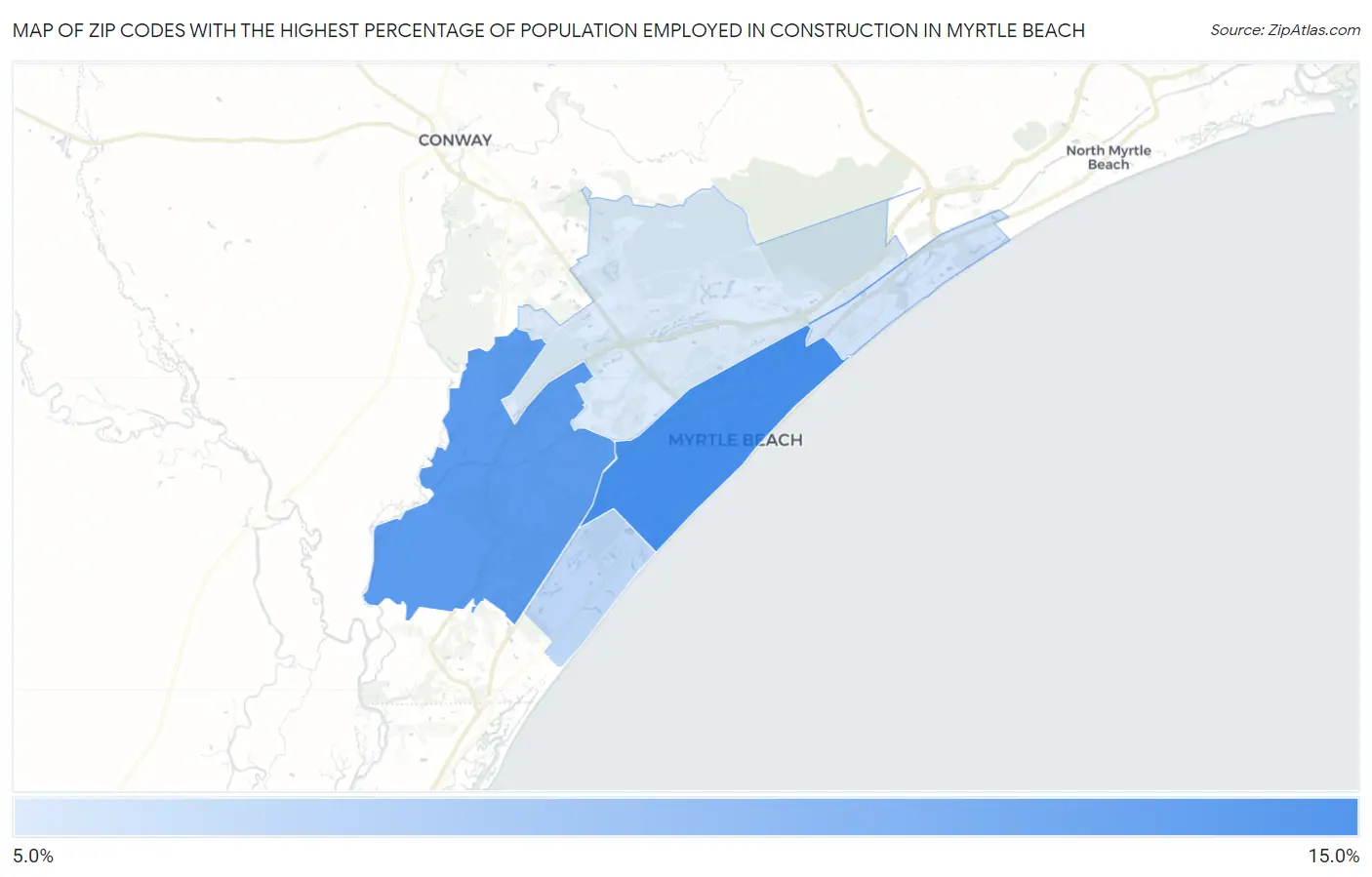 Zip Codes with the Highest Percentage of Population Employed in Construction in Myrtle Beach Map