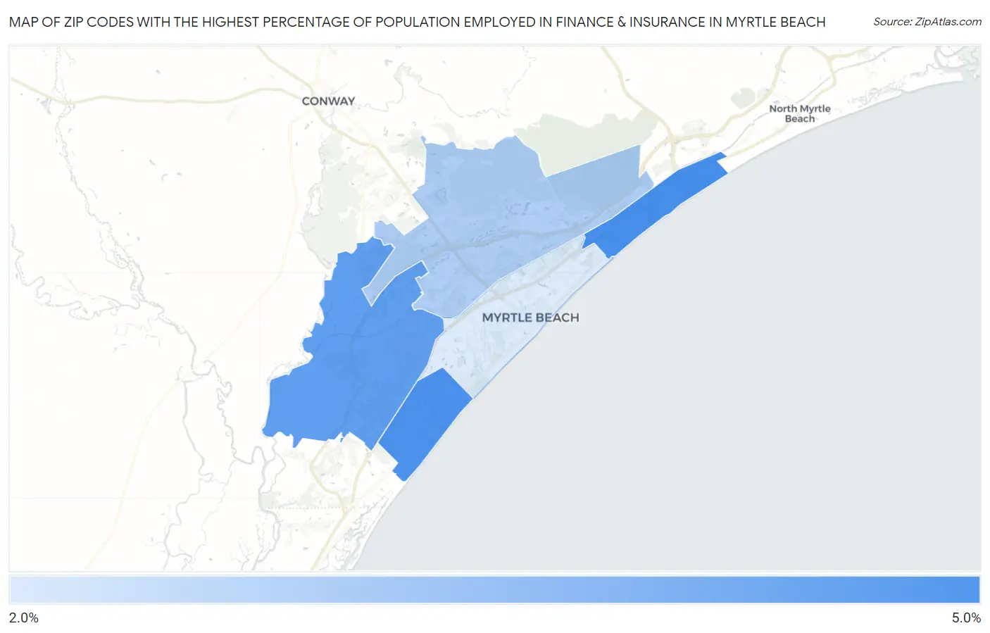 Zip Codes with the Highest Percentage of Population Employed in Finance & Insurance in Myrtle Beach Map