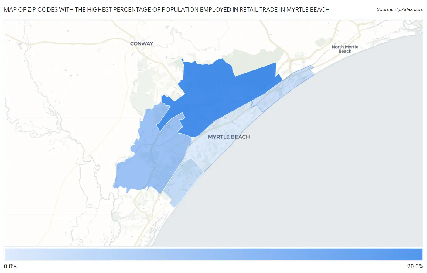 Zip Codes with the Highest Percentage of Population Employed in Retail Trade in Myrtle Beach Map