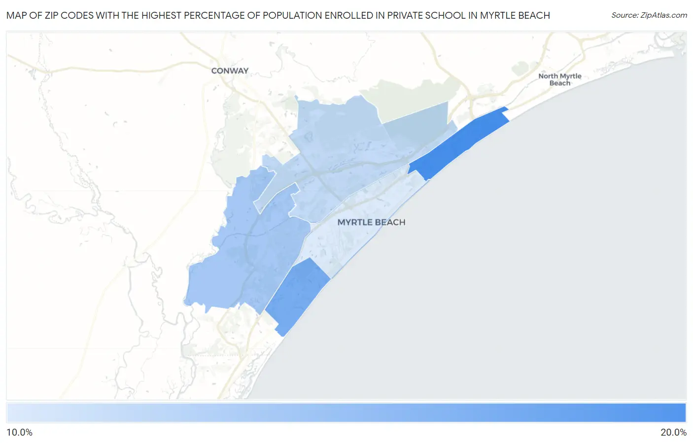 Zip Codes with the Highest Percentage of Population Enrolled in Private School in Myrtle Beach Map