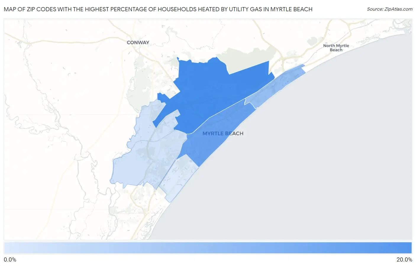 Zip Codes with the Highest Percentage of Households Heated by Utility Gas in Myrtle Beach Map