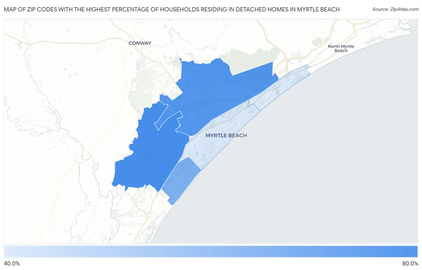 Zip Codes with the Highest Percentage of Households Residing in Detached Homes in Myrtle Beach Map