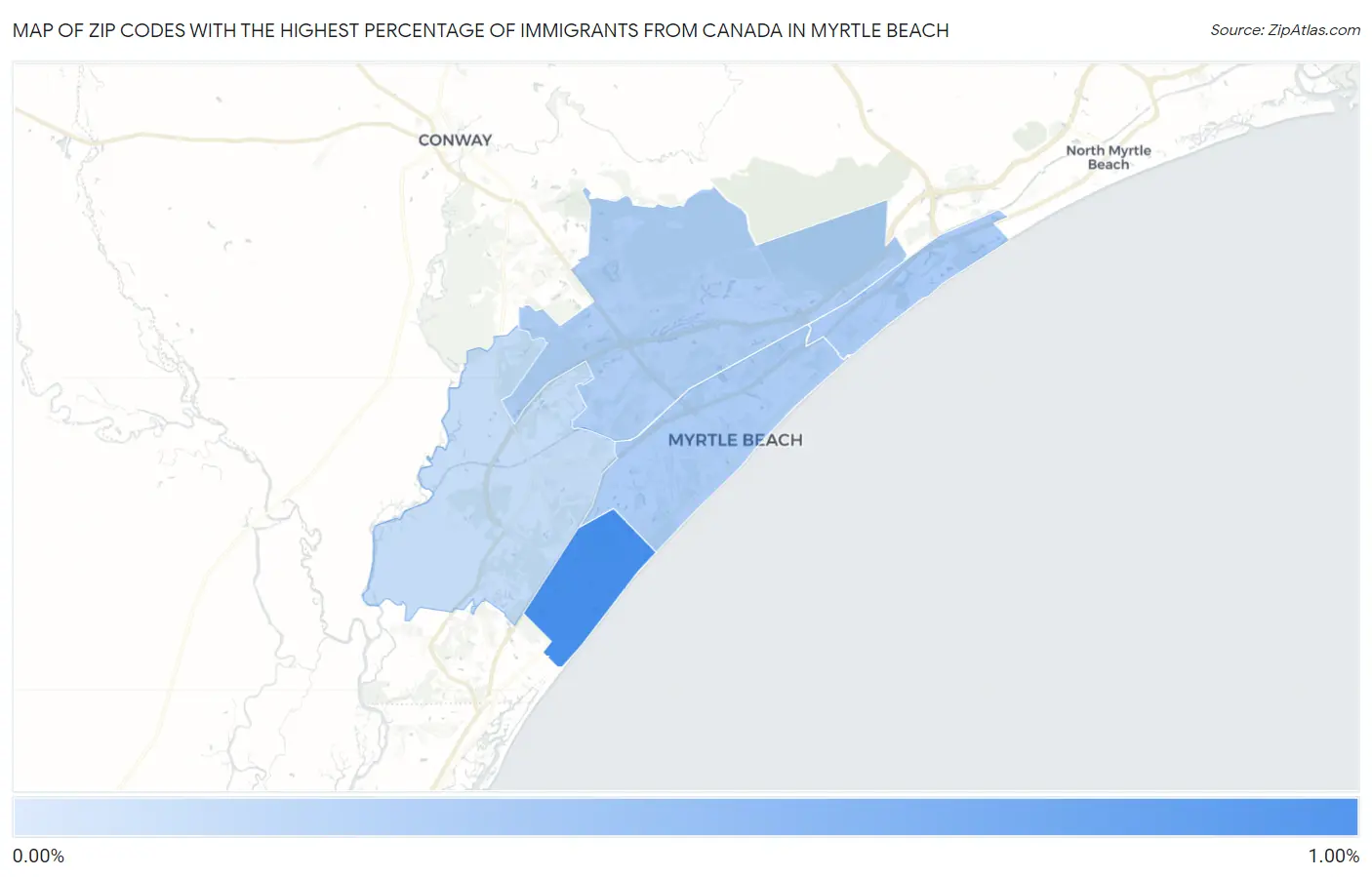 Zip Codes with the Highest Percentage of Immigrants from Canada in Myrtle Beach Map