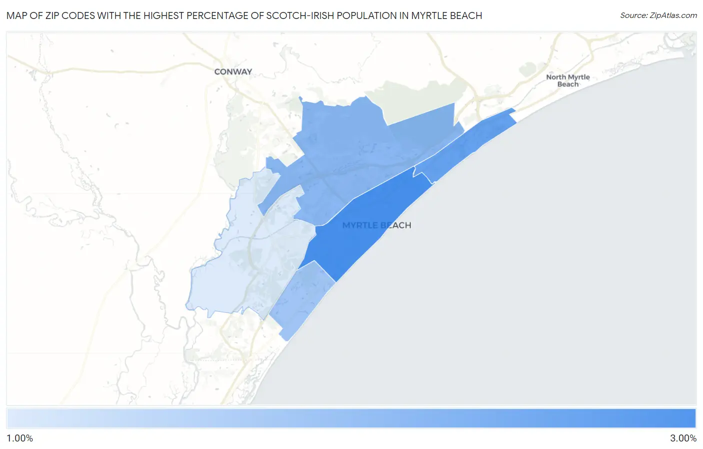 Zip Codes with the Highest Percentage of Scotch-Irish Population in Myrtle Beach Map