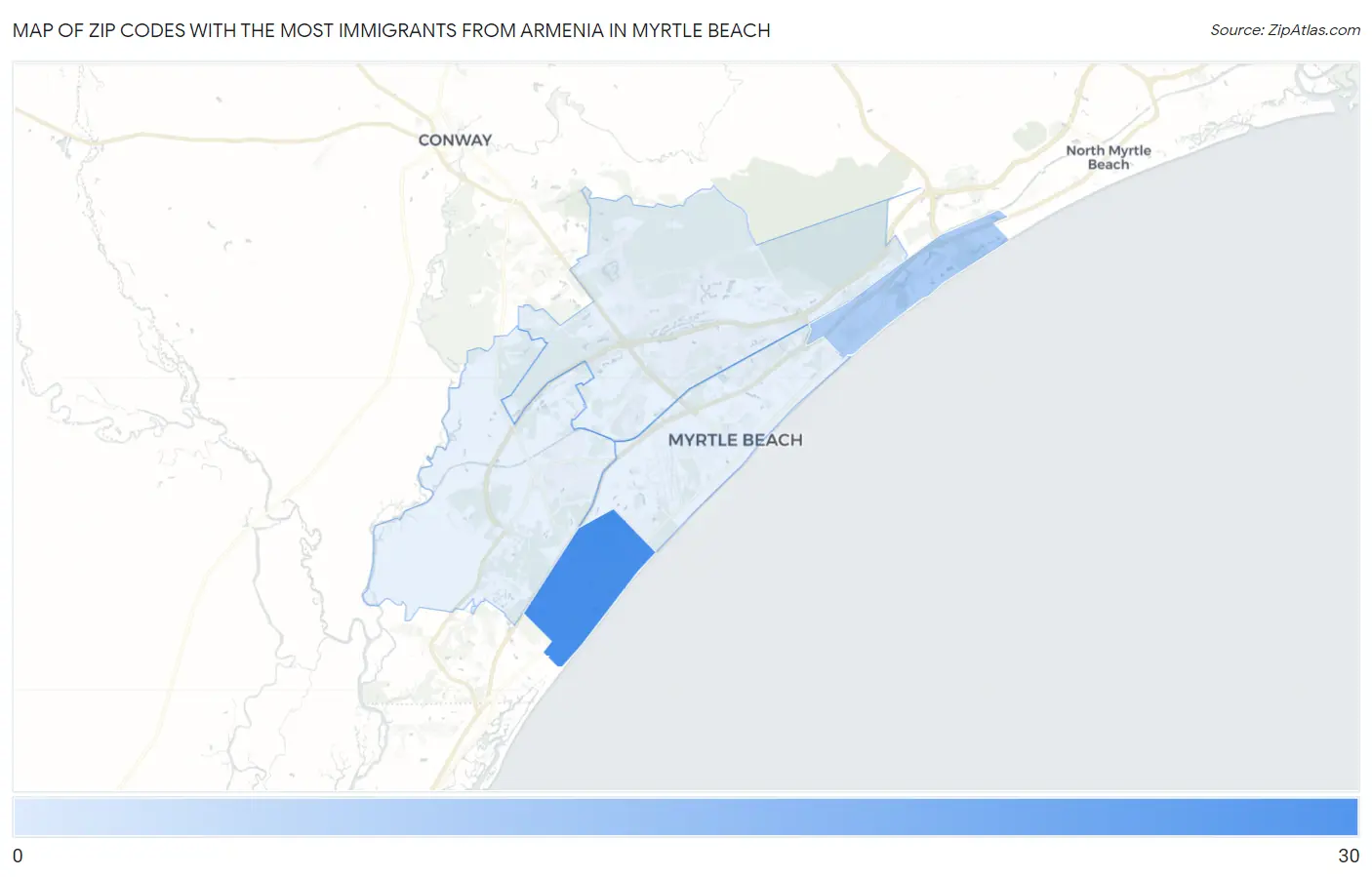 Zip Codes with the Most Immigrants from Armenia in Myrtle Beach Map