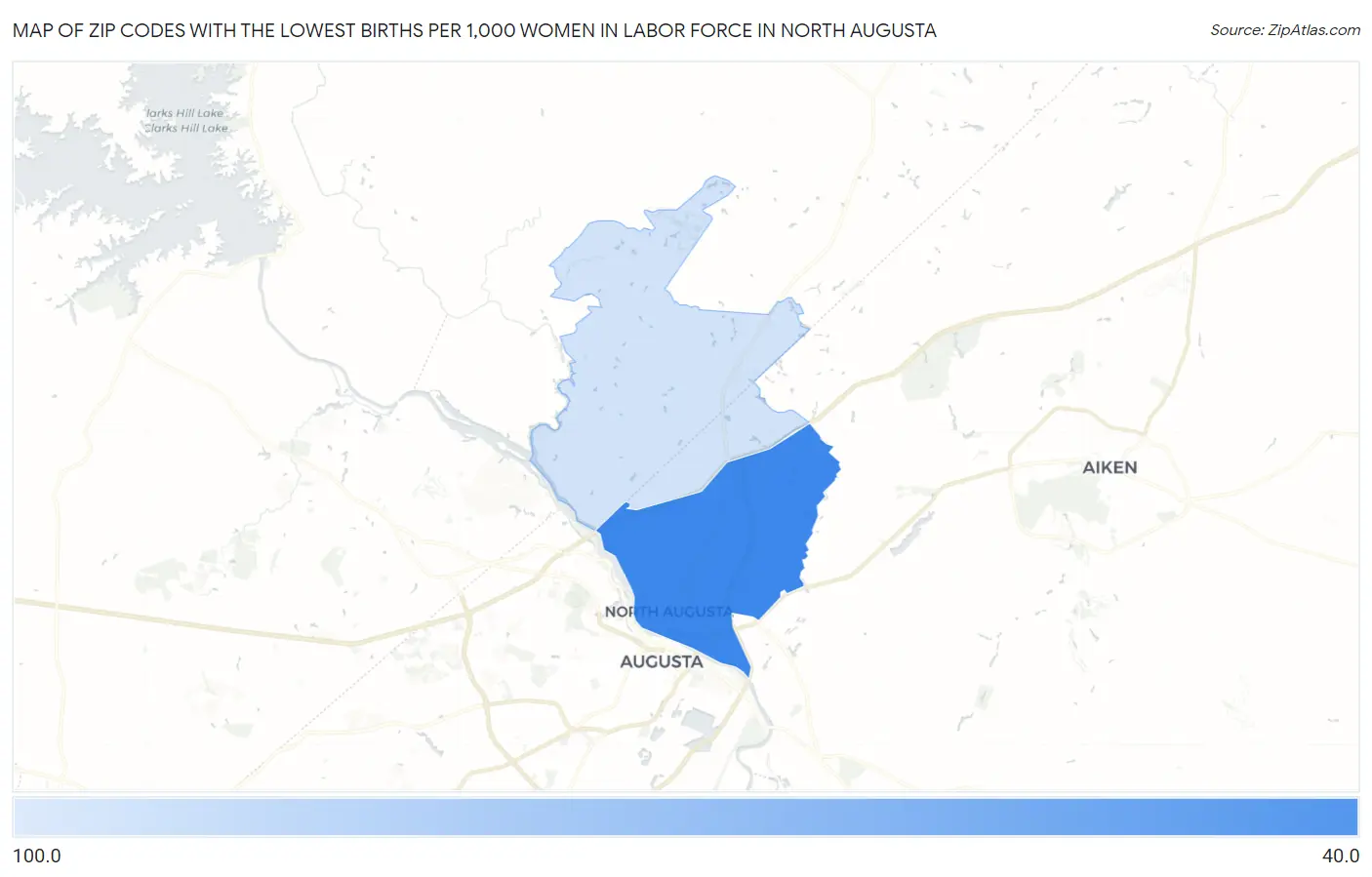 Zip Codes with the Lowest Births per 1,000 Women in Labor Force in North Augusta Map