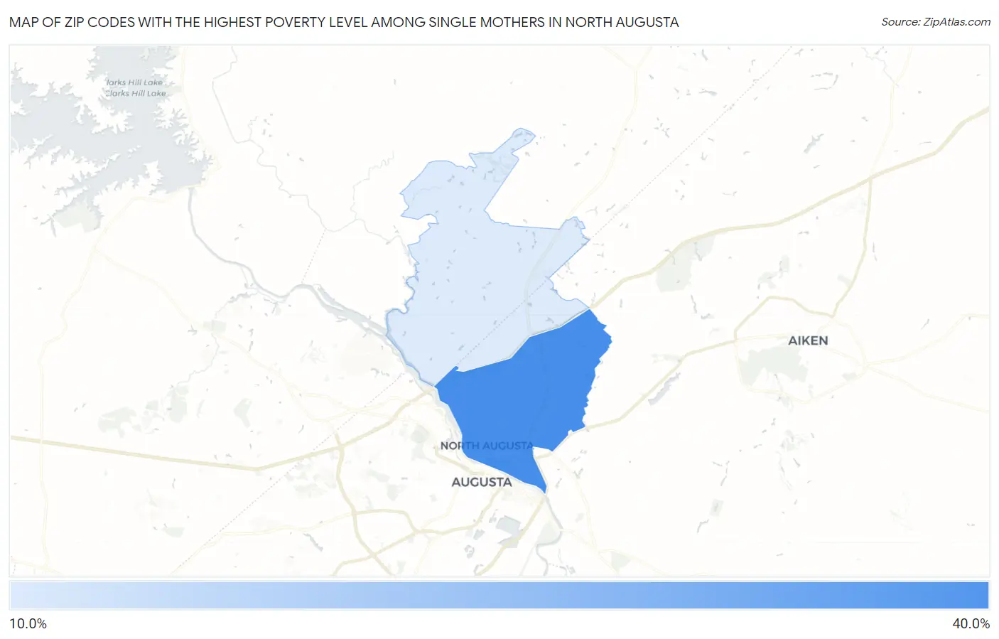 Zip Codes with the Highest Poverty Level Among Single Mothers in North Augusta Map
