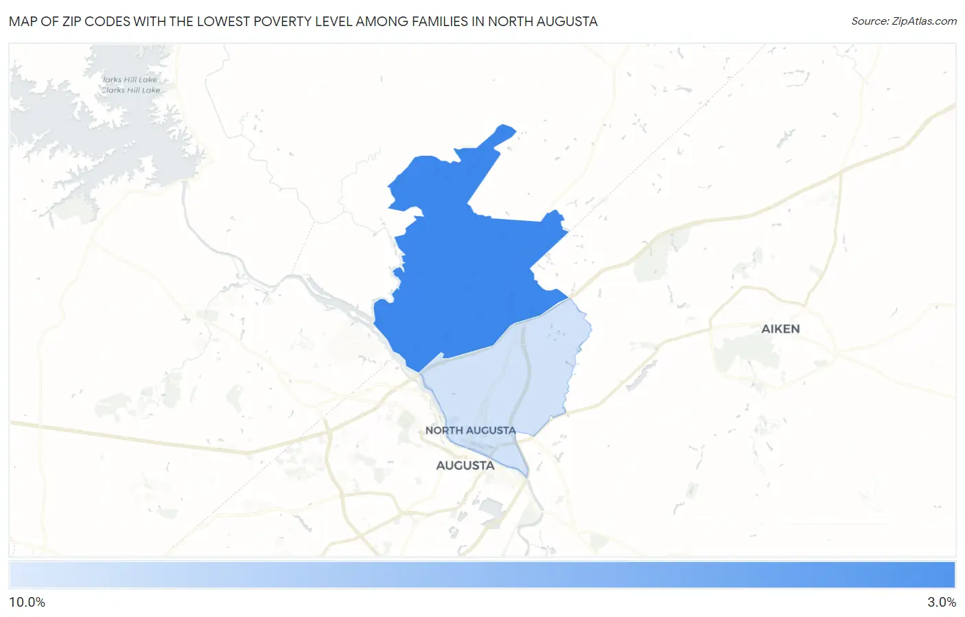 Zip Codes with the Lowest Poverty Level Among Families in North Augusta Map