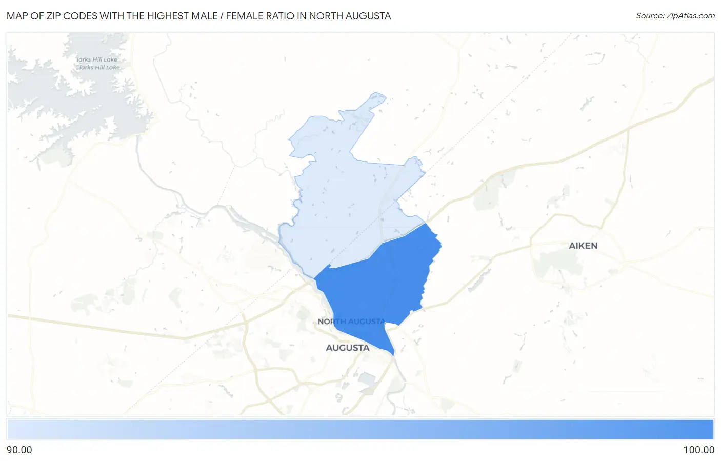 Zip Codes with the Highest Male / Female Ratio in North Augusta Map