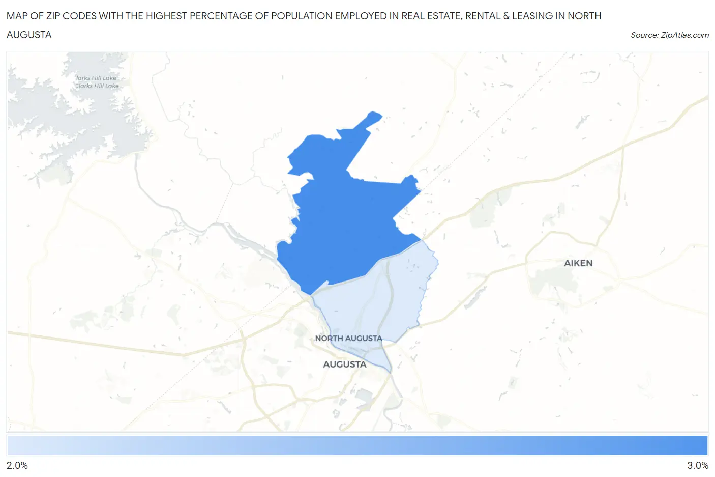 Zip Codes with the Highest Percentage of Population Employed in Real Estate, Rental & Leasing in North Augusta Map