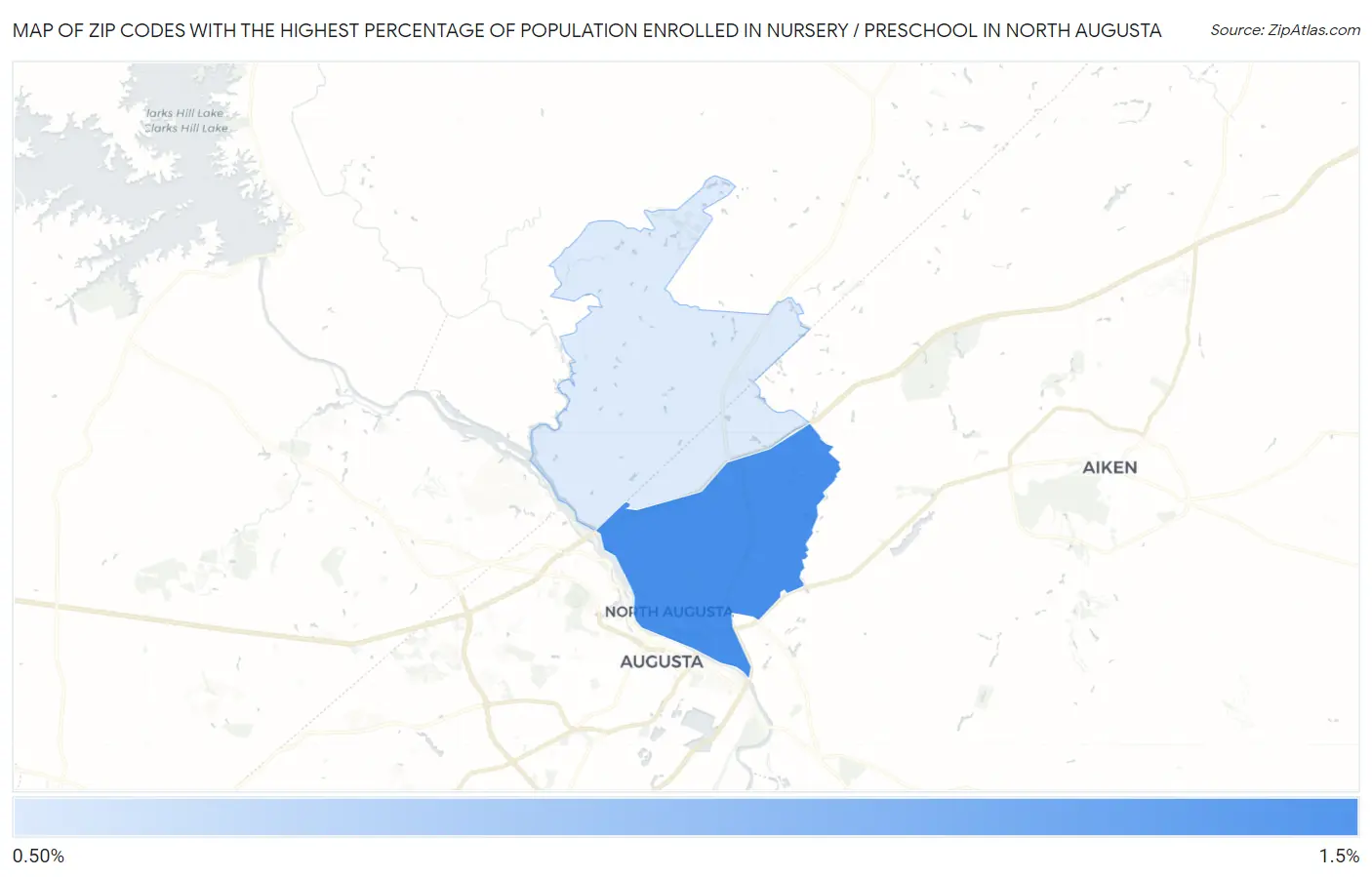 Zip Codes with the Highest Percentage of Population Enrolled in Nursery / Preschool in North Augusta Map