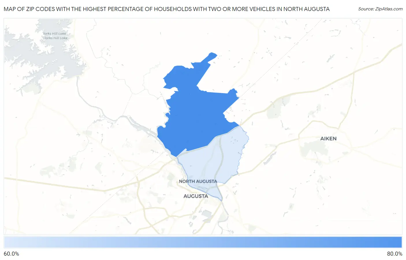 Zip Codes with the Highest Percentage of Households With Two or more Vehicles in North Augusta Map