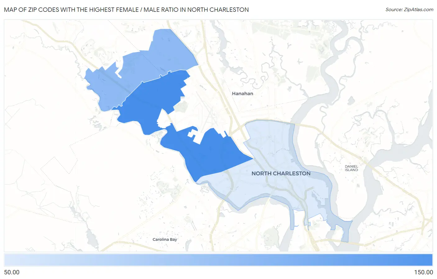 Zip Codes with the Highest Female / Male Ratio in North Charleston Map