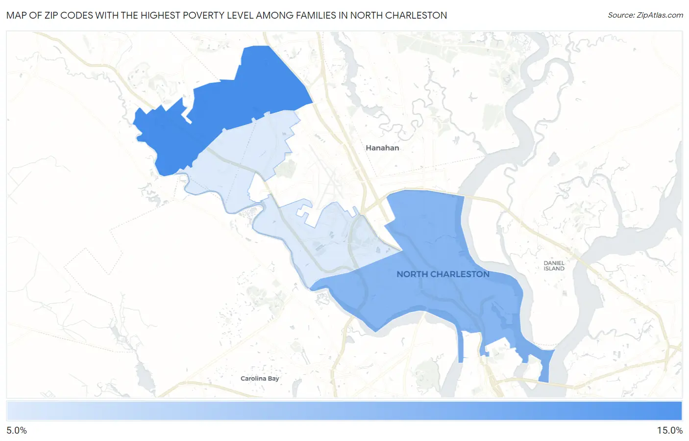 Zip Codes with the Highest Poverty Level Among Families in North Charleston Map