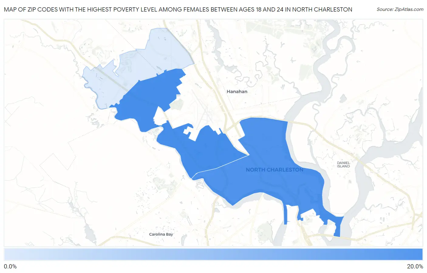 Zip Codes with the Highest Poverty Level Among Females Between Ages 18 and 24 in North Charleston Map