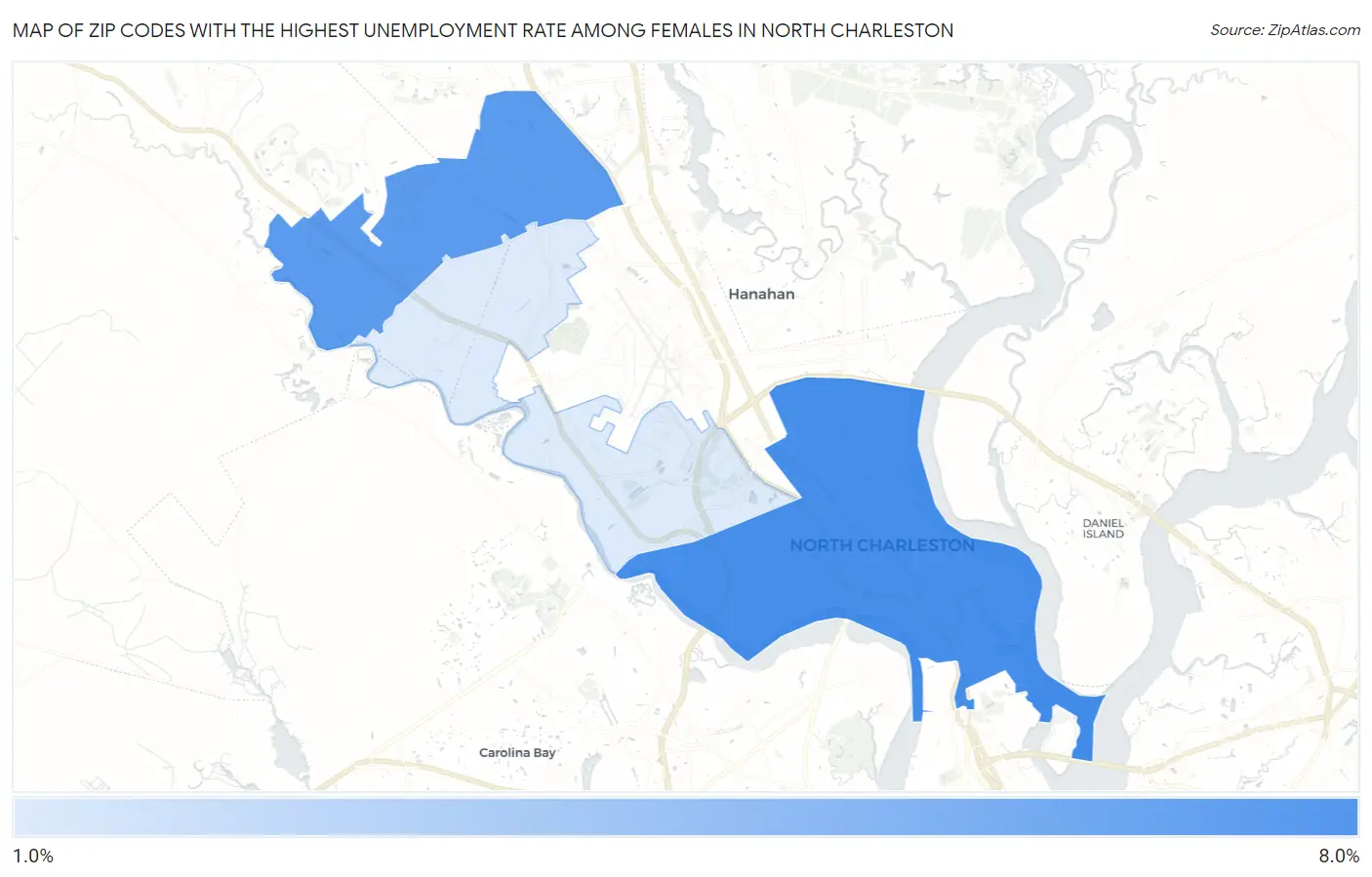 Zip Codes with the Highest Unemployment Rate Among Females in North Charleston Map