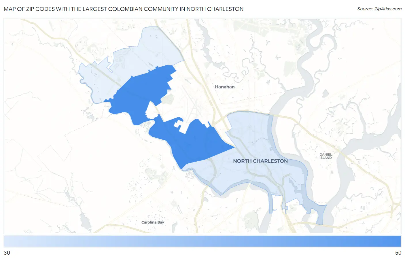 Zip Codes with the Largest Colombian Community in North Charleston Map