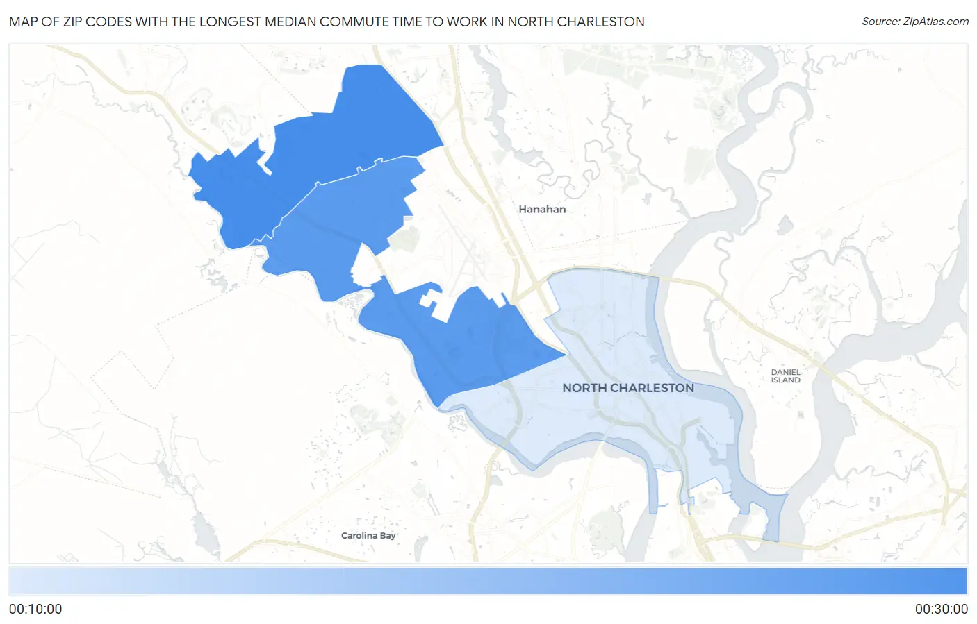 Zip Codes with the Longest Median Commute Time to Work in North Charleston Map