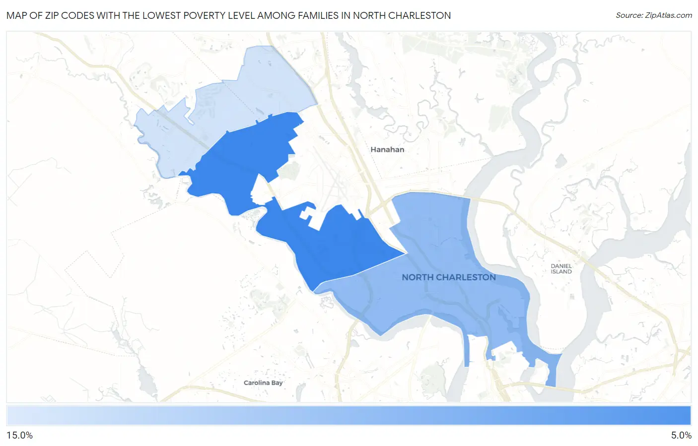 Zip Codes with the Lowest Poverty Level Among Families in North Charleston Map