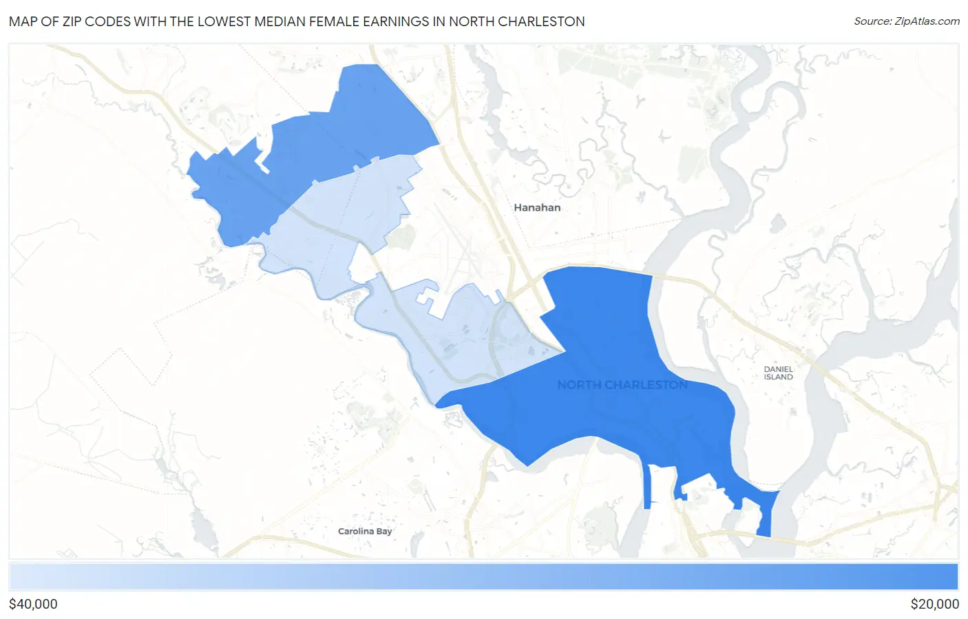 Zip Codes with the Lowest Median Female Earnings in North Charleston Map