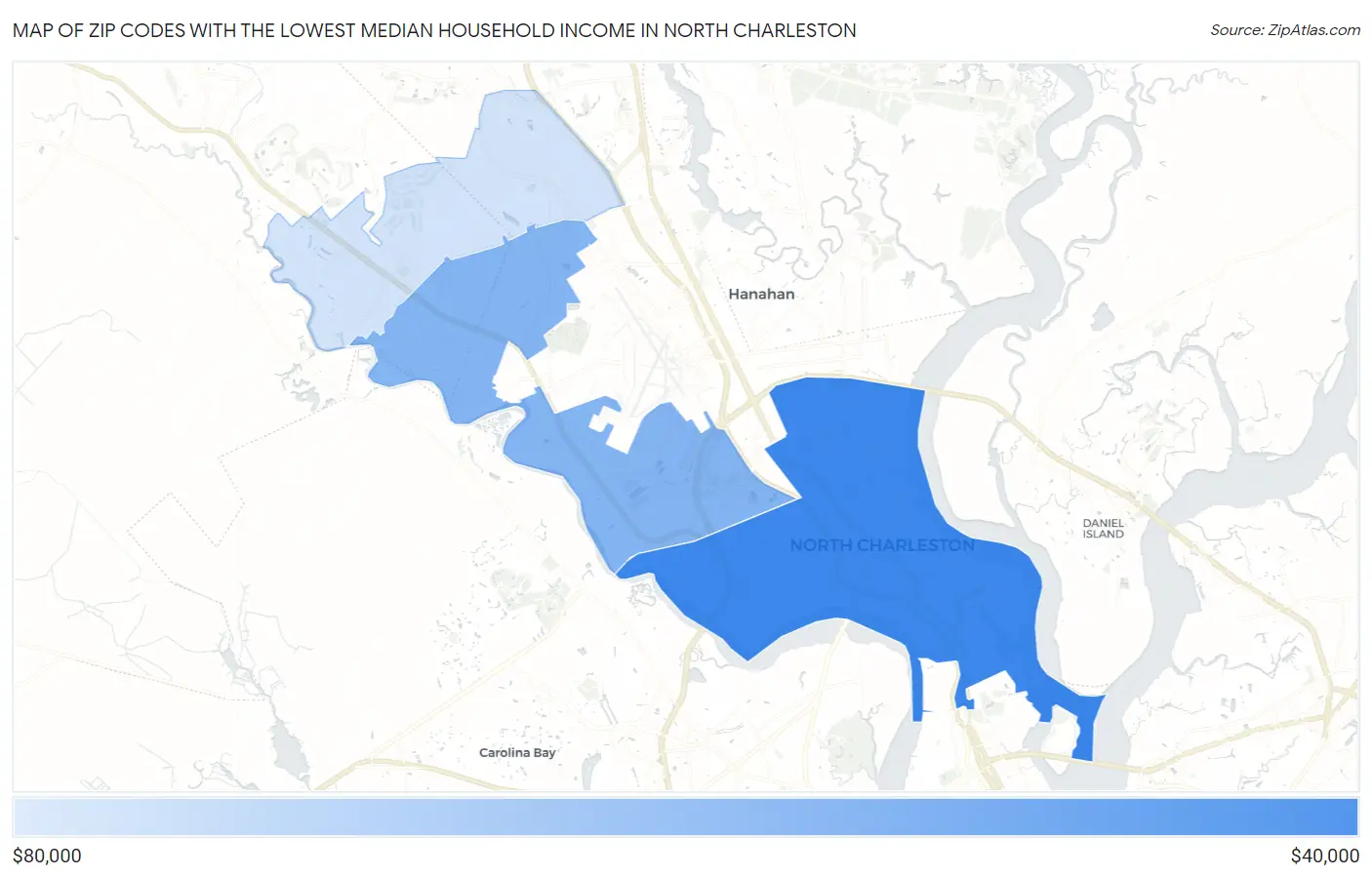 Zip Codes with the Lowest Median Household Income in North Charleston Map