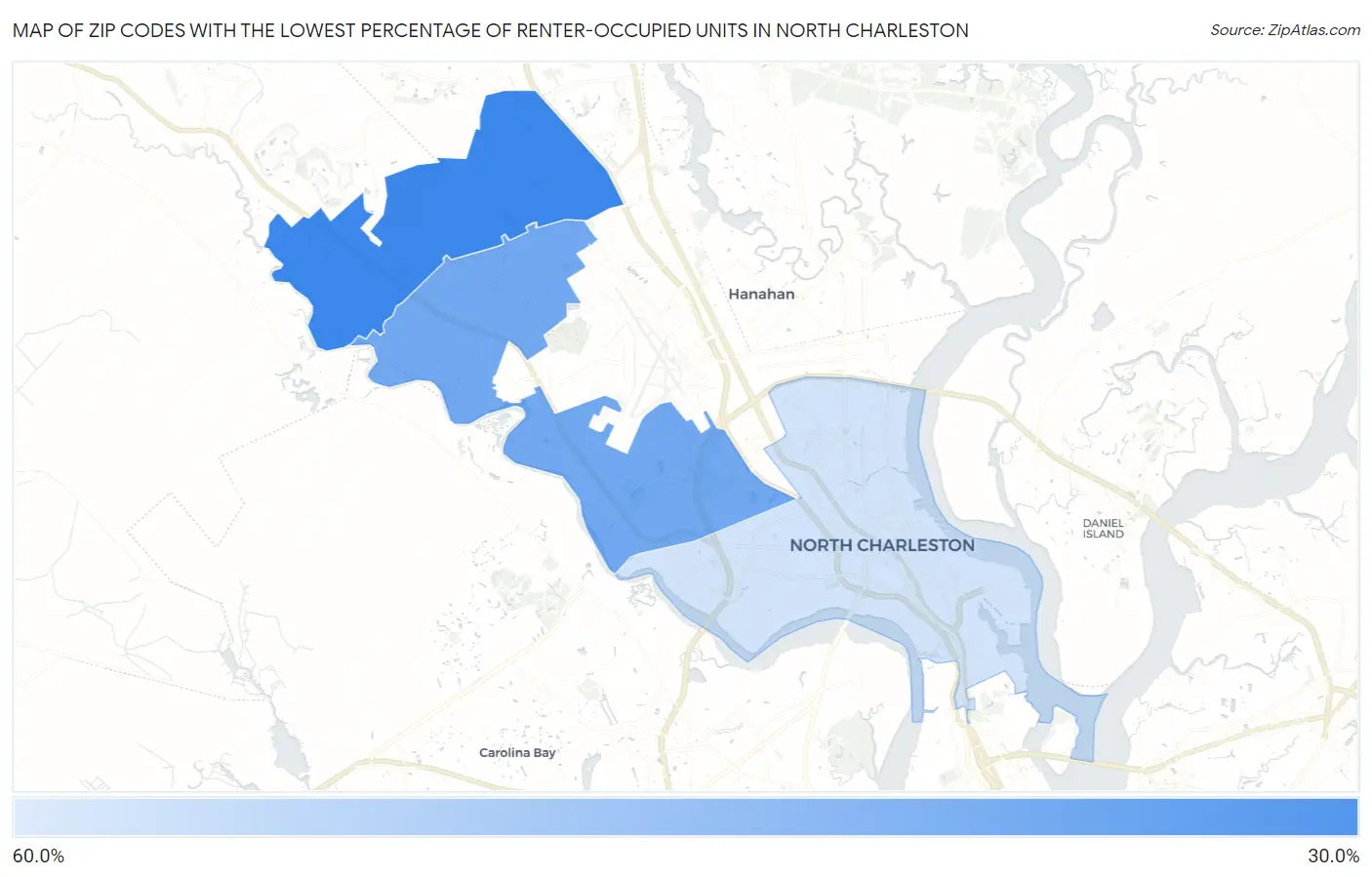 Zip Codes with the Lowest Percentage of Renter-Occupied Units in North Charleston Map