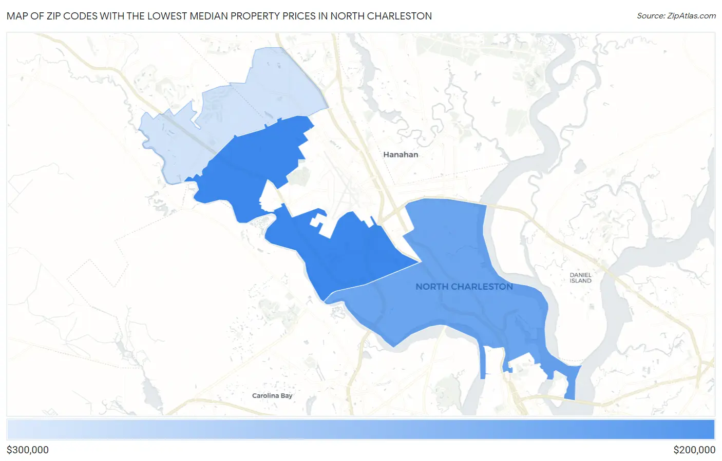 Zip Codes with the Lowest Median Property Prices in North Charleston Map